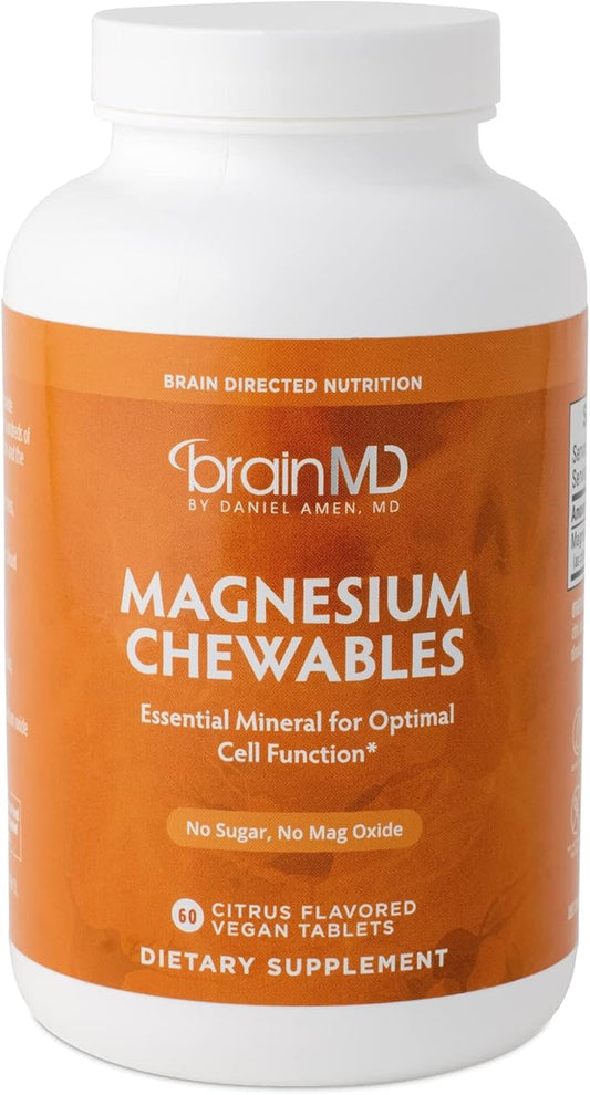 BRAINMD Dr Amen Magnesium Chewables, Citrus - 60 Chewable Tablets - Essential Mineral for Optimal Cell Function - Supports Memory & Focus - Gluten Free - 60 Servings