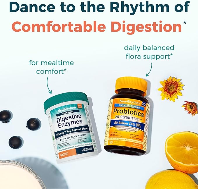 NewRhythm Digestive Enzymes 245 mg, with Probiotics and Prebiotics, Plant Based, 7 Key Enzymes, Digestion, Nutrient Absorption, Protease Amylase & Lipase, 60 Vegan Capsules