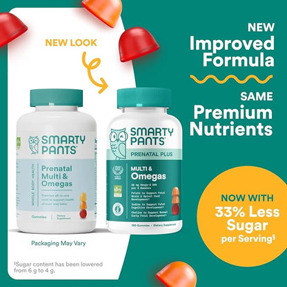 SmartyPants Prenatal Multivitamin Gummies - Improved Formula: Omega 3 (DHA/EPA), Methylfolate, Biotin, Vitamin D3, C, Vitamin B12, B6, Vitamin A, K & Zinc, Gluten Free, 120 Count (40 Day Supply)