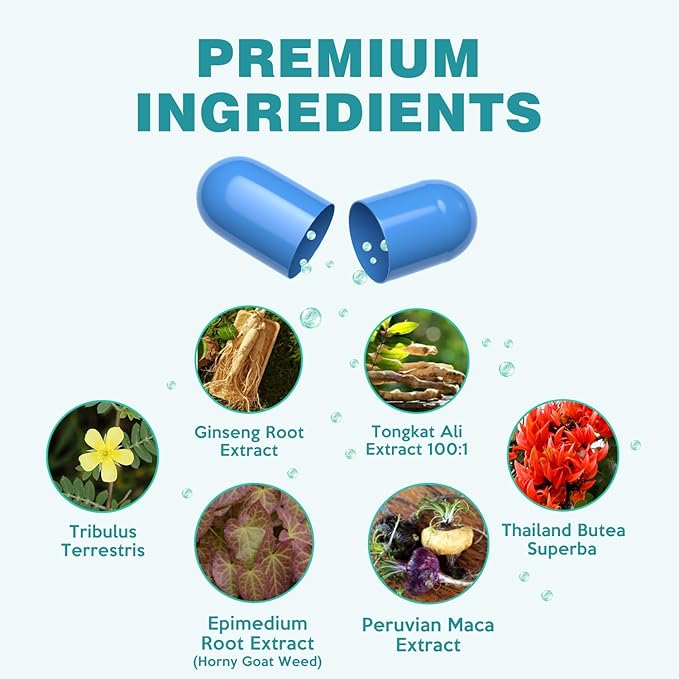 Nutrition Supplements with Tongkat Ali Extract, Peruvian Maca, Horny Goat Weed (Epimedium Root Extract), Ginseng Extract, Tribulus Terrestris, Thailand Butea Superba - 20 Counts