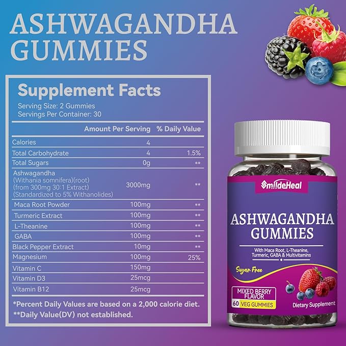 Ashwagandha Gummies 3000mg - Stress Relief & Increased Energy - Ashwagandha Supplements for Women & Men - Natural Mixed Berry Flavor (120 Count)