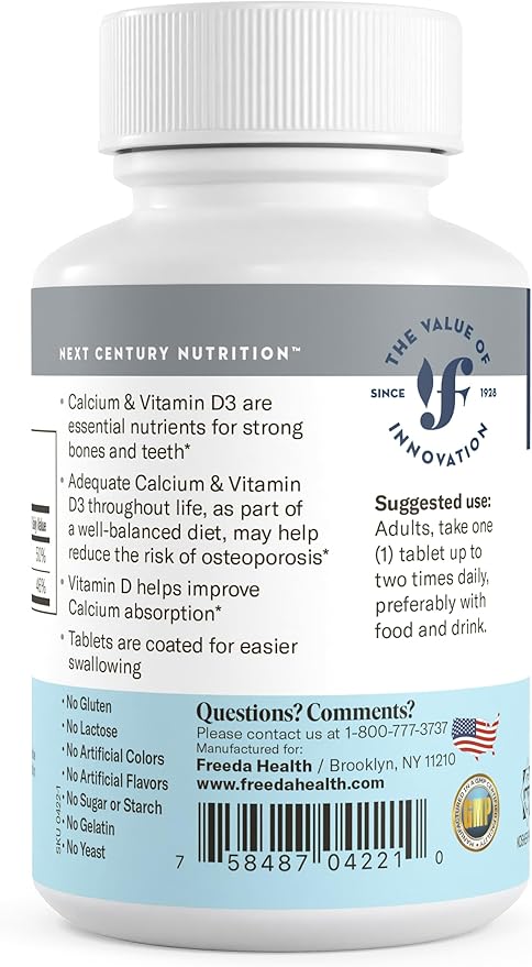 FREEDA Calcium 600 mg with Vitamin D3 400 IU – Essential Bone Support Supplement – Kosher, Gluten-Free, Easy-to-Swallow Coated Tablets for Women & Men (100 Ct)