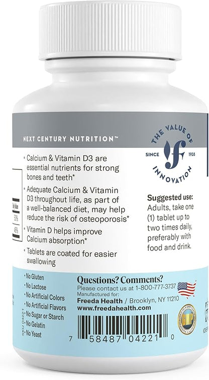 FREEDA Calcium 600 mg with Vitamin D3 400 IU – Essential Bone Support Supplement – Kosher, Gluten-Free, Easy-to-Swallow Coated Tablets for Women & Men (100 Ct)