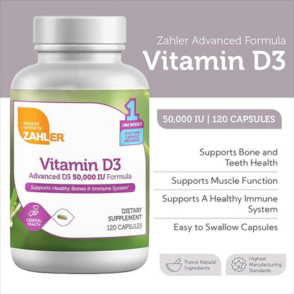 Zahler - Advanced Vitamin D3 50000 IU capsules (120 Count) Kosher Vegetarian Friendly Vitamin D for Immune Support, Bone, Teeth & Muscle Health - Weekly D3 Vitamin Supplement- Easy Swallow Vitamin D3.