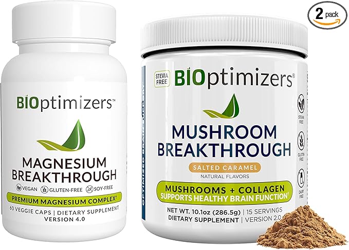 BiOptimizers Magnesium Breakthrough 4.0, (60 Capsules) & Mushroom Breakthrough Powder (Salted Caramel, 15 Servings) - Natural Sleep and Brain Superfood & Supplement Bundle