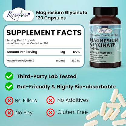 Pure Magnesium Glycinate - Capsules to Support Optimal Health - with Magnesium Glycinate - 120 Capsules (Dual Month Pack), High Absorption Magnesium by Ramaroma