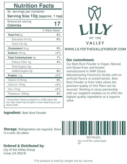 LILY OF THE VALLEY Beet Root Powder - Plant-Based Superfood Powder for Cooking, Baking & Smoothies - Natural Nitric Oxide Source - Vegan & Gluten-Free - Packed in Resealable Pouch (8oz, 226g)