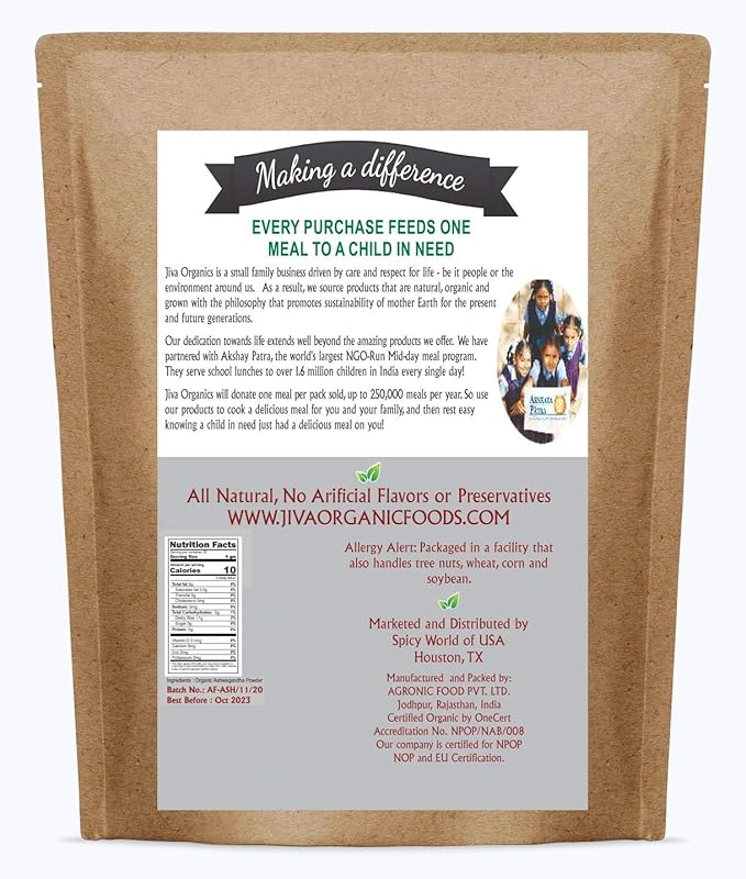 Jiva Organics Ashwagandha Root Powder 1.25 Pound (20oz) - Gluten Free, Indian Ginseng, Raw, Pure, Non-GMO, Lab Tested Ayurvedic Indian Powder