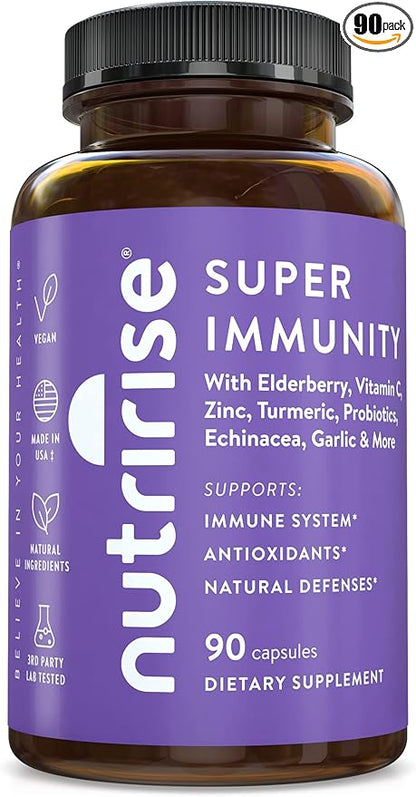 NutriRise Immunity Complex Immune Support Supplement with Vitamin C, E, B6, Zinc, Turmeric Curcumin, Elderberry, Echinacea, 7.2 Billion CFU Probiotics for Gut Health, 90 Count