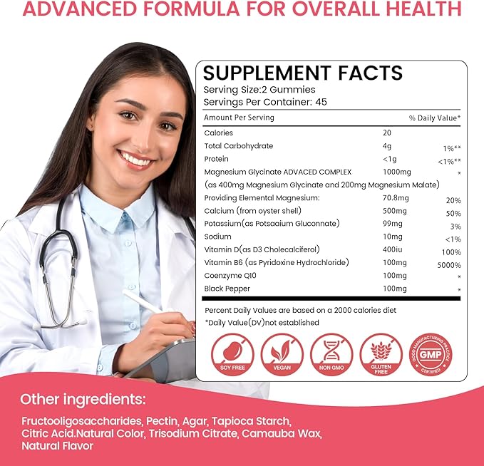 Magnesium Gummies 1000mg -Magnesium Glycinate Supplement and Magnesium L-Threonate Gummy,Sugar Free Magnesium Potassium Supplement for Calm Mood, Muscle, Bone & Sleep Support 90 Raspberry Gummies