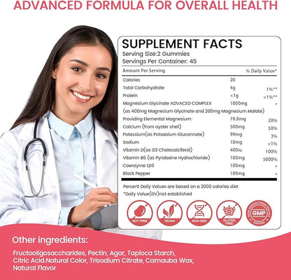 Magnesium Gummies 1000mg -Magnesium Glycinate Supplement and Magnesium L-Threonate Gummy,Sugar Free Magnesium Potassium Supplement for Calm Mood, Muscle, Bone & Sleep Support 90 Raspberry Gummies