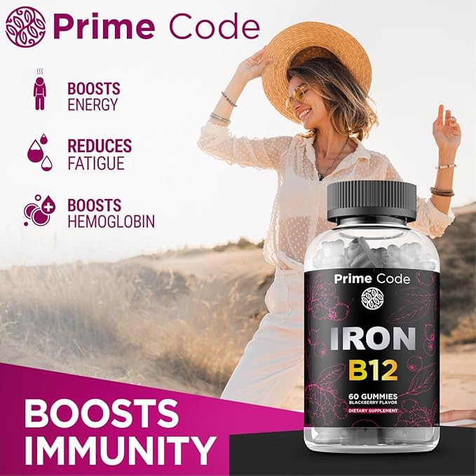 Iron Gummies for Women & Men with Vitamin B12, 20mg Iron Supplement for Adults, Free Blood Builder for Anemia, Vitamin B12 Gummies with Iron & Natural Blackberry Flavor, Vegan, Non-GMO, 30 Day Supply