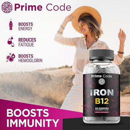 Iron Gummies for Women & Men with Vitamin B12, 20mg Iron Supplement for Adults, Free Blood Builder for Anemia, Vitamin B12 Gummies with Iron & Natural Blackberry Flavor, Vegan, Non-GMO, 30 Day Supply