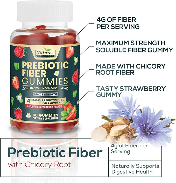 Fiber Supplement Gummies for Digestive Health & Regularity Support, Fiber 4g Gummy for Adults, Daily Prebiotic Supplements, Natural Prebiotic Fiber Gummy, Plant Based, Strawberry Flavored - 60 Gummies
