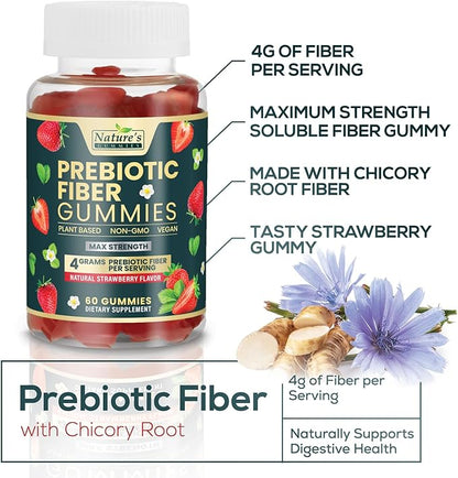 Fiber Supplement Gummies for Digestive Health & Regularity Support, Fiber 4g Gummy for Adults, Daily Prebiotic Supplements, Natural Prebiotic Fiber Gummy, Plant Based, Strawberry Flavored - 60 Gummies