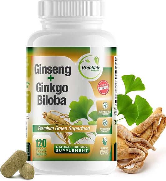 Ginko Biloba & Panax Ginseng Supplement - Red Ginseng Brain Supplement for Memory and Focus - Ginkgo Biloba Supplements for Good Vision, Immune System and Improved Blood Flow - 120 Tablets