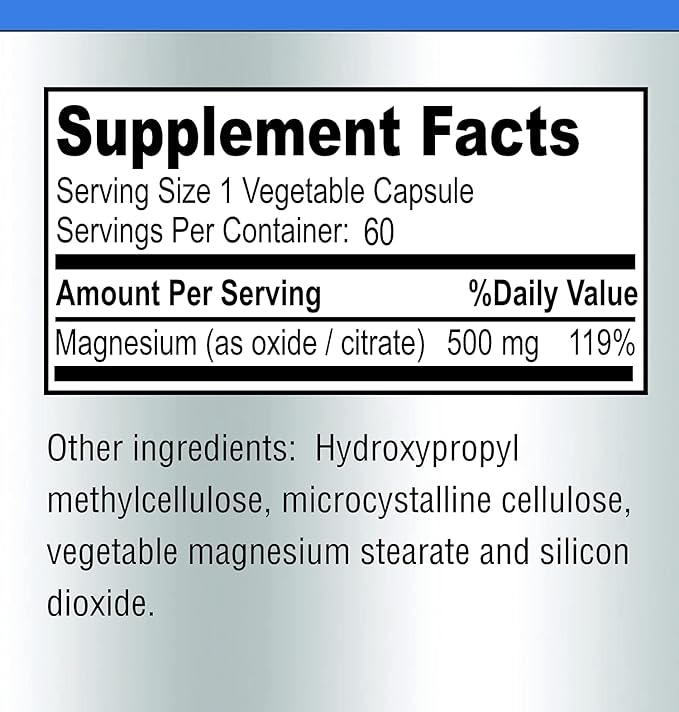 High Absorption Magnesium Citrate Complex 500mg Magnesium Citrate & Oxide – Supports Calm Sleep, Muscle Cramp Relief, Muscle Recovery, Healthy Teeth & Bones, Non-GMO – 60 Vegetable Capsules