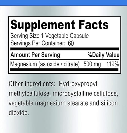High Absorption Magnesium Citrate Complex 500mg Magnesium Citrate & Oxide – Supports Calm Sleep, Muscle Cramp Relief, Muscle Recovery, Healthy Teeth & Bones, Non-GMO – 60 Vegetable Capsules