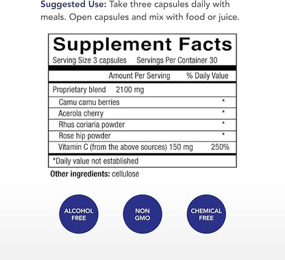 Physician's Strength Power-C - 90 Capsules - Raw Food Vitamin C + Flavonoids from Camu Camu, Acerola Cherry, Rhus coriaria & Rose Hip - Kosher - 30 Servings