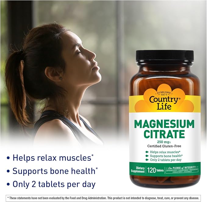 Country Life Magnesium Citrate 250mg - 120 Tablets - Supports Muscle & Nerve Function, Heart Rhythm, Healthy Immune System, Energy Production - Magnesium Complex Supplement