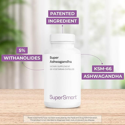 SuperSmart - Super Ashwagandha 600mg per Day (Patented) - KSM-66 Ashwagandha - High Potency 5% Withanolides | Non-GMO & Gluten Free - 120 Vegetarian Capsules