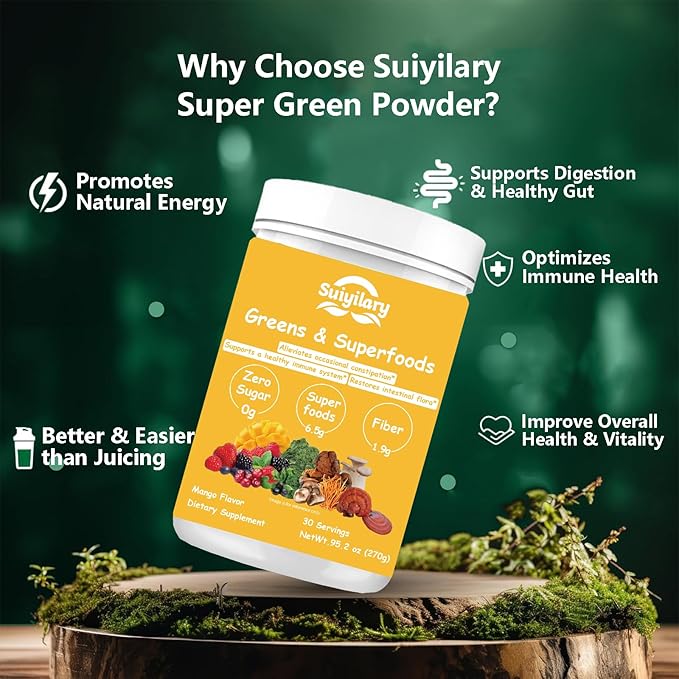 Super Greens Powder, 50+ Superfoods Blend, No Sugar, Fiber, Fruits, Vegetables, Spirulina, Chlorella, Mushrooms, Antioxidants, Prebiotics & Probiotics, Digestive Enzymes (9.52 OZ, Mango)