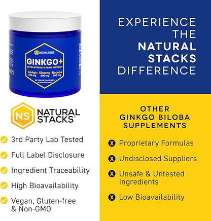 NATURAL STACKS Ginkgo Biloba Supplement with 200mg Panax Ginseng & 200mg Bacopa Monnieri - Brain Supplements for Memory and Focus - Korean Ginseng for Brain Health Support - 60 Ginkgo Biloba Capsules
