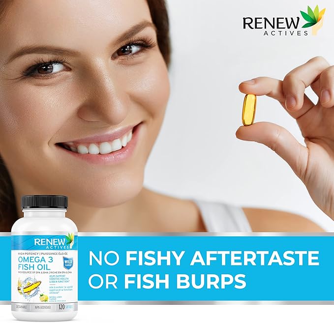 Renew Actives Omega-3 Fish Oil 2400MG per 2 Softgels - 720MG EPA & DHA - Supports Heart, Brain, Eye Health, & Triglyceride Reduction - No Fishy Aftertaste - Made in Canada - 120 Softgels