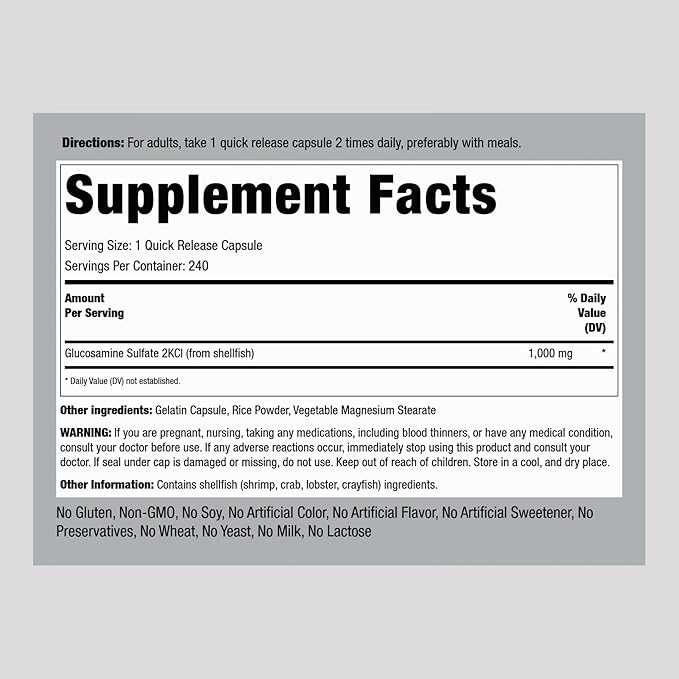Piping Rock Glucosamine Sulfate 1000mg | 240 Capsules | Mega Strength | Joint Support | Sodium Free | Non-GMO & Gluten Free Supplement