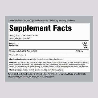 Piping Rock Glucosamine Sulfate 1000mg | 240 Capsules | Mega Strength | Joint Support | Sodium Free | Non-GMO & Gluten Free Supplement