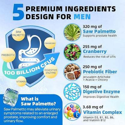 ZEBORA Probiotics-for-Men 100 Billion CFU, Men's Probiotics for Gut Health, Prebiotics + Enzymes + Saw Palmetto + Cranberry, Daily Probiotic Supplement for Digestive Health, Prostate, 89 Caps