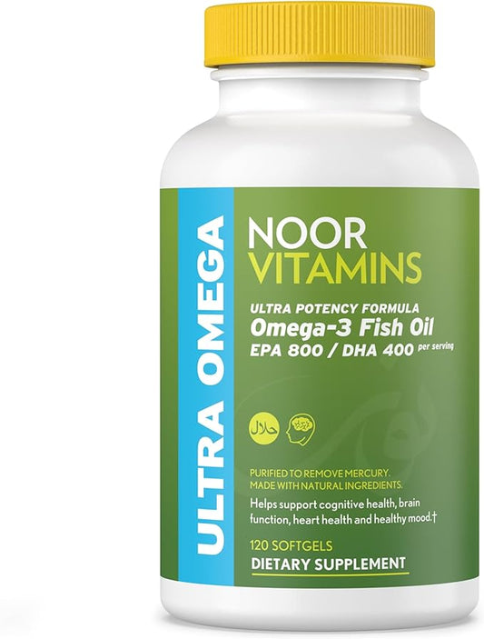 Noor Vitamins Halal Fish Oil, Halal Vitamins, Ultra Omega 3 Wild Peruvian Fish (800 mg EPA & 400 mg DHA) Heart, Brain & Joint Support, Non-GMO and Gluten Free (120 Count)
