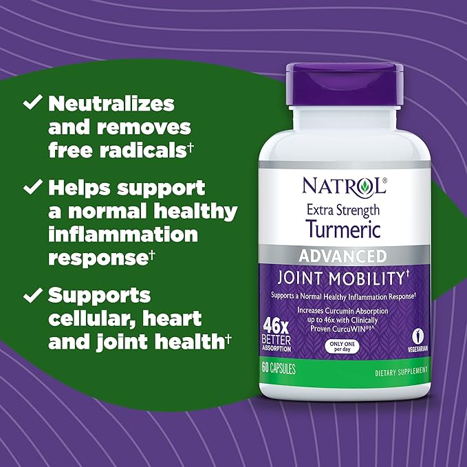 Natrol Extra Strength Turmeric, Dietary Supplement for Joint Health, Turmeric Supplement for Adults, 60 Capsules, Up to a 60 Day Supply