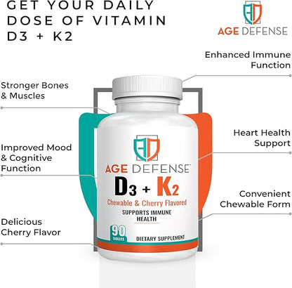 Vitamin D3 2000 IU with K2-90 Chewable Tablets with Cherry Flavoring-Natural Energy Booster-Supports Vitality, Immune Health, & Overall Wellness-Vitamin D3 with Vitamin K2 for Men & Women