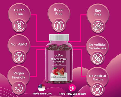 Resveratrol Gummies - Sugar Free Natural Raspberry Watermelon Flavor, 1500mg Resveratrol Supplement for Heart, Brain, Immune Support & Wellness, Powerful Antioxidant with Anti-Aging Benefits