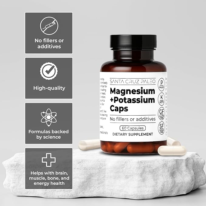 Santa Cruz Paleo Magnesium Potassium Capsules, Magnesium Glycinate and Potassium Citrate, Gluten Free, Keto, Sugar Free, Paleo, for Overall Health, Brain, Muscle, Bone and Energy Support, 60 Capsules