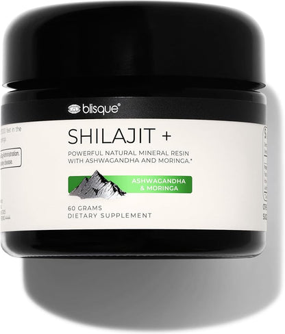 Blisque - Pure Himalayan Organic Shilajit Resin Supplement | with Organic Ashwagandha and Moringa | Authentic and Natural | Golden Grade A | Contains Fulvic Acid and Trace Minerals | 60 Grams