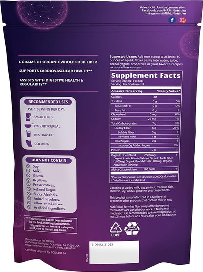 MRM Nutrition Whole Food Organic Fiber | with Enzymes + Prebiotics | Insoluble + Soluble fibers | Digestive Health + Regularity | 6g Fiber per Serving | 32 Servings