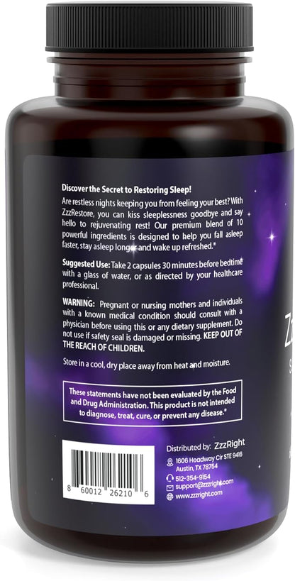 ZzzRestore Sleep Booster – Natural Sleep Aid with 2mg Melatonin & Herbal Blend | Non-Habit Forming, Deep Sleep Support | 1 Month Supply