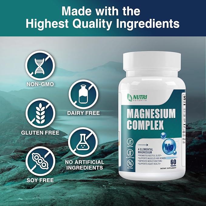 Magnesium Breakthrough Complex Supplement 500 mg- High Absorption Magnesium, Magnesium Glycinate, Citrate, Malate, Taurate with B6 - Bone, Heart, Muscle & Nervous System Support - 60 Capsules
