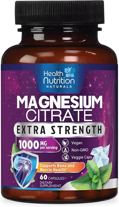 Magnesium Citrate Capsules 1000mg - Max Absorption Magnesium Powder for Muscle, Nerve, Bone and Heart Health Support, High Absorption Citrate Complex, Gluten Free, Non-GMO - 60 Capsules