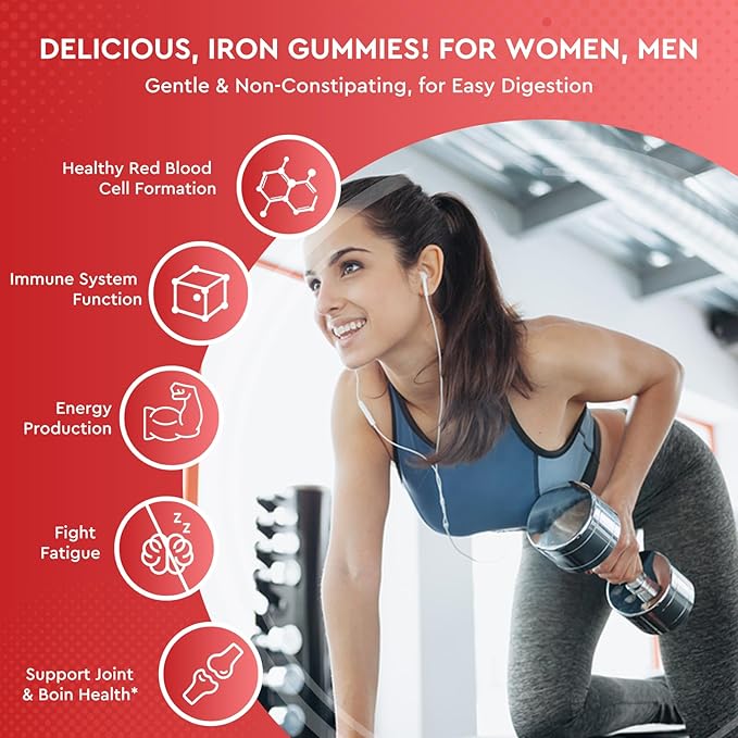 Iron Gummies - with Calcium, Zinc, Folate & Vitamin B12, C,B6 for Adults & Kids - Blood Builder & Energy Support for Iron Deficiency, Anemia, Vegan - 60 Gummies