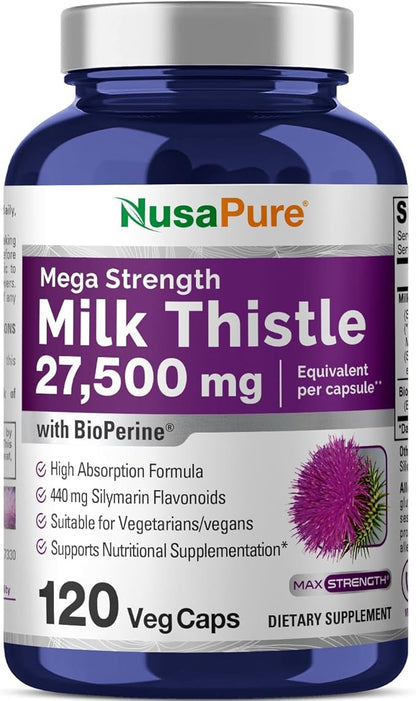 NusaPure Milk Thistle Extract 27,500mg 120 Veggie Capsules (50:1 Extract, Non-GMO, Vegan) Max Strength - Standardized 80% Silymarin, Bioperine