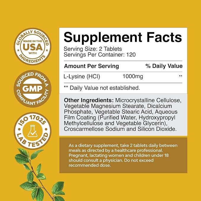 Natures Craft L Lysine 1000mg per Serving Nutritional Supplements - L-lysine Essential Amino Acids for Eye Health Lip Care Bone Support Immune System Muscle Growth and Vegetarian Collagen 240 Tablets