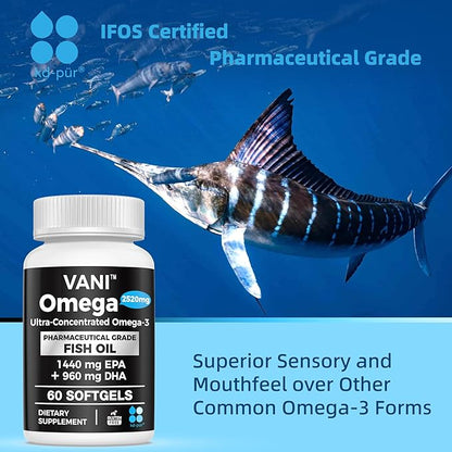 VANI Omega 3 Fish Oil - Pharmaceutical Grade - 2520mg with EPA & DHA, Made in USA with Premium Germany Fish Oil KD-PÜR® - 60 Softgels