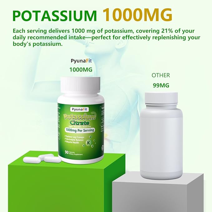 Potassium Supplement 1000mg – High Potassium Citrate for Leg Cramps, Muscle Health, and Heart Support, Non-GMO & Gluten-Free, 90 Capsules