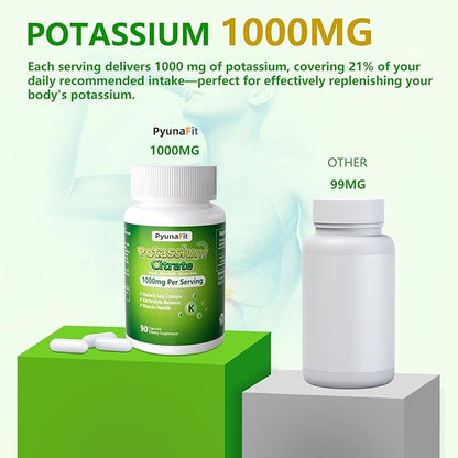 Potassium Supplement 1000mg – High Potassium Citrate for Leg Cramps, Muscle Health, and Heart Support, Non-GMO & Gluten-Free, 90 Capsules