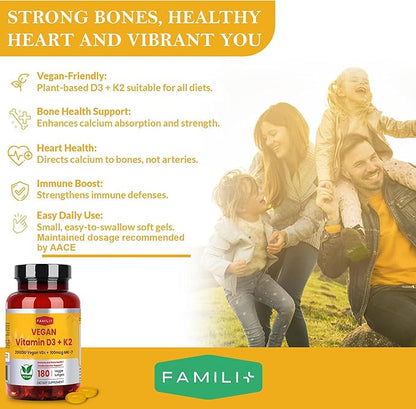 180 Days Vegan Vitamin D3+K2 Softgel with Coconut MCT Oil | 2000IU Plant Source Vitamin D3 + 100 mcg Vitamin K2 MK-7 | for Bone, Muscel, Immune, Teeth & Heart Health | 100% Vegan no-Gelatin