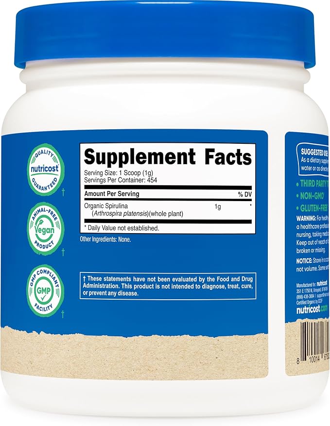 Nutricost Organic Spirulina Powder 454 Grams, 1LB - Pure, Certified Organic Spirulina