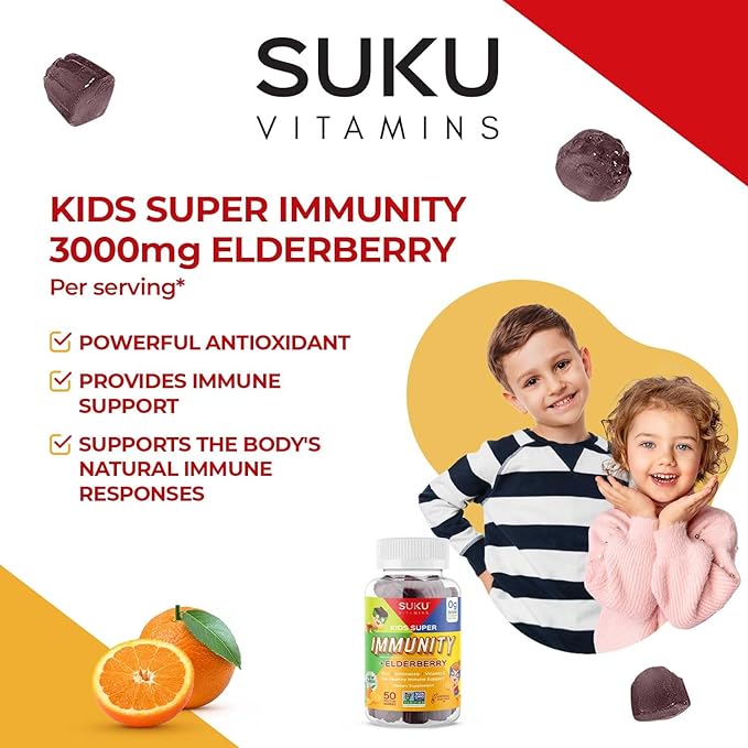 Kids Super Immunity - Elderberry, Echinacea, Vitamin A and Zinc Gummies for Immune Support - Easy to Chew - Non GMO, Gluten Sugar Free - Pomegranate Lime Gummy Vitamins, 50 Count